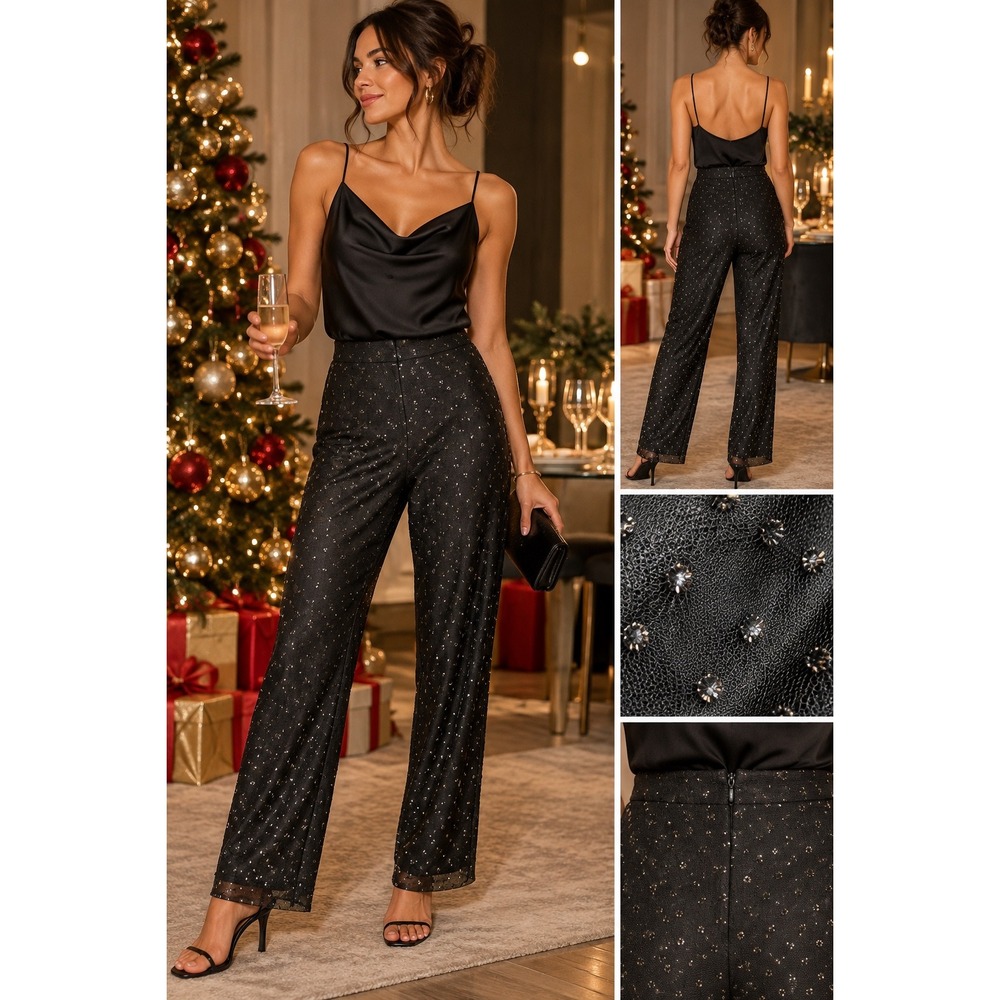 Ronni Nicole Black Glitter Mesh Pants PS Y2K Party Evening Straight Leg holidays